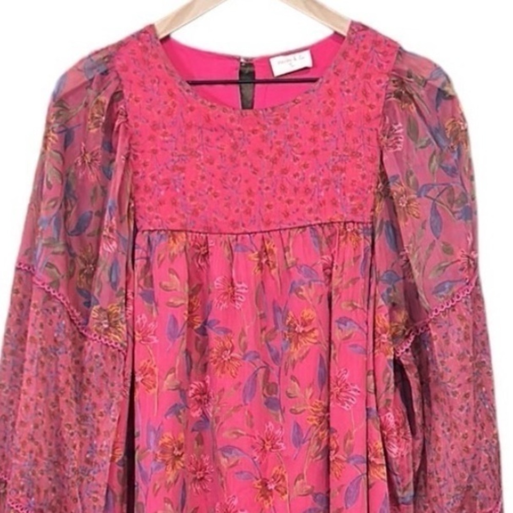 Hailey & Co Floral Boho Style Hot Pink  Long Sleeve Dress Size Medium - Picture 6 of 12